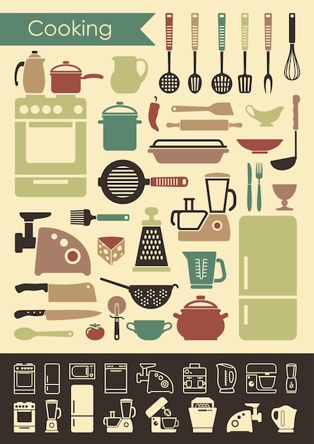 Collection of vintage icons of kitchen utensils and household appliances