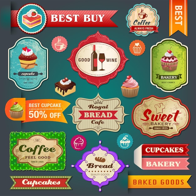 collection of vintage retro bakery labels badges and ribbons