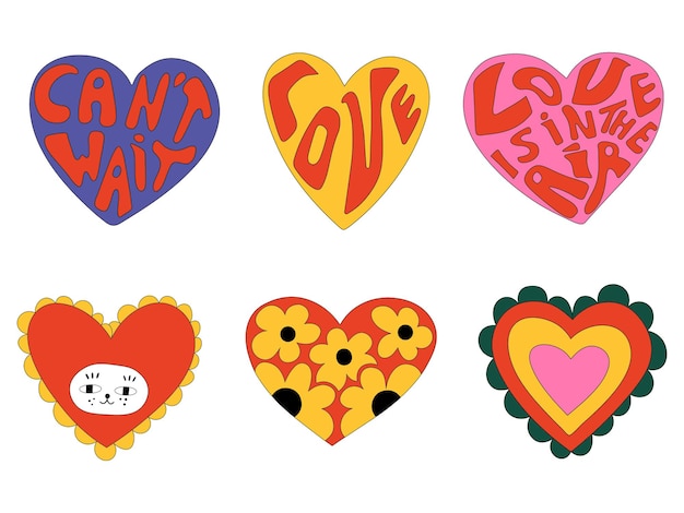 Vector collection of vintage valentines in hippie style