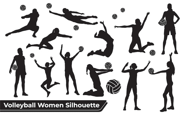 さまざまなポーズのバレーボール選手の女性のシルエットのコレクション