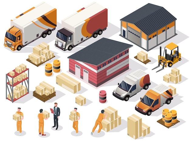 Vector collection of warehouse cargo equipment cargo business delivery container storage set of forklift worker box parcel truck pallet isolated on white background isometric vector illustration