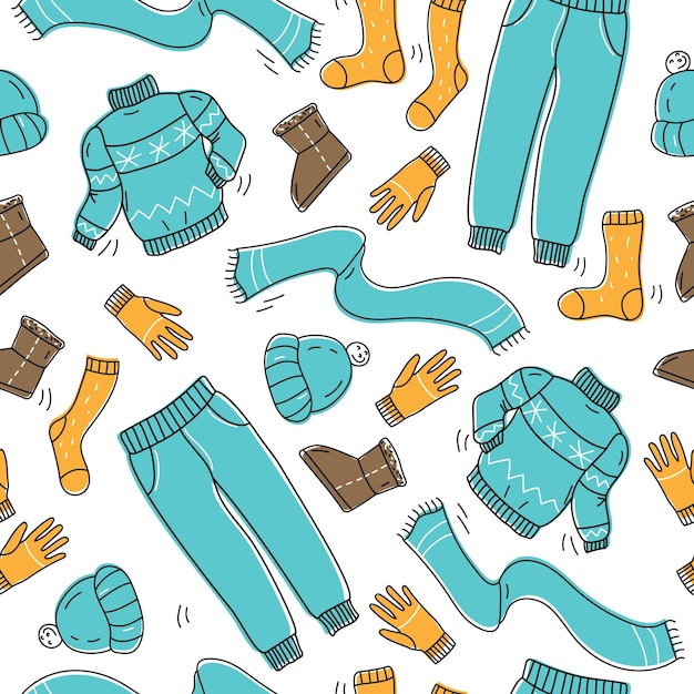 A collection of warm cozy clothes and shoes Seamless pattern Cold season autumn winter