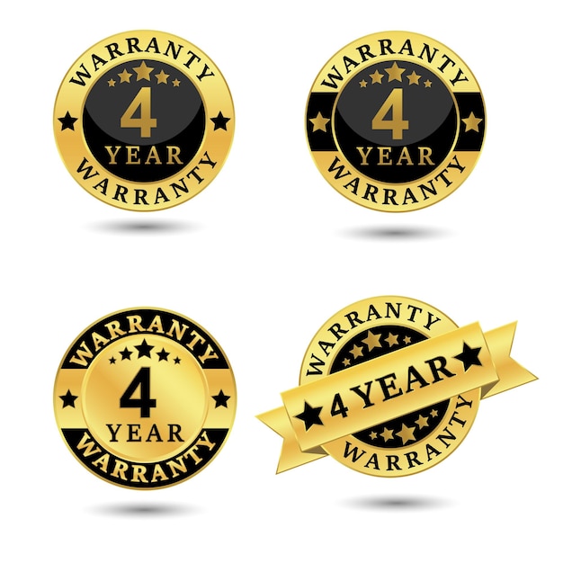 Collection of warranty 4 year label badge gold and black style, Set of warranty isolated on white background, Vector illustration.