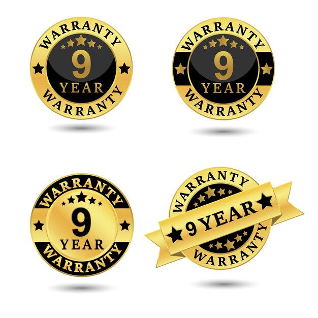 Collection of warranty 9 year label badge gold and black style Set of warranty isolated on white background Vector illustration