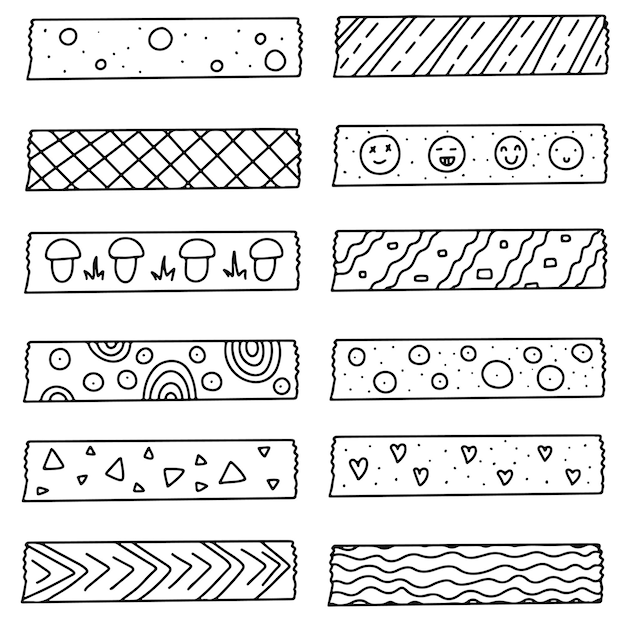 Collection of washi tapes in hand drawn doodle style decorative scotch elements set