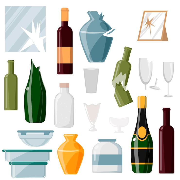 Vector collection of waste glass on a white background.bottles, glasses, vases and other rubbish. glass products. recyclable glass trash vector illustration.
