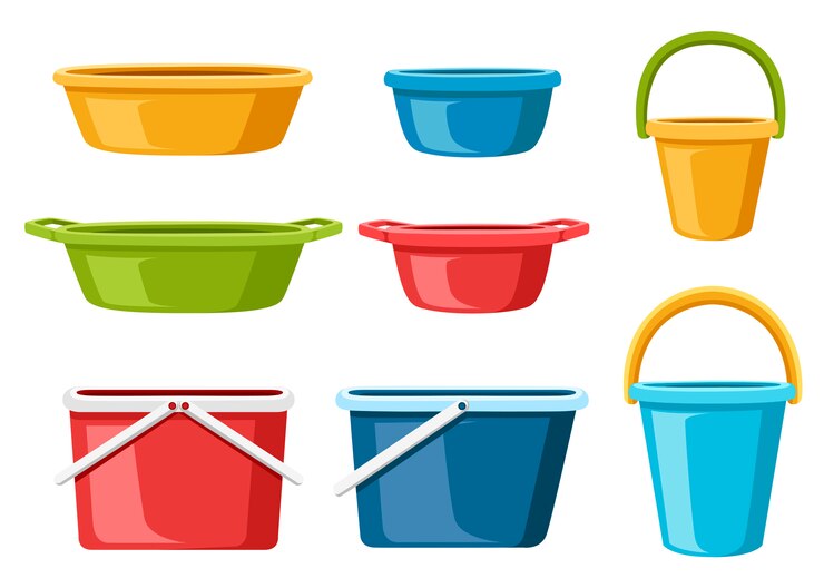 Collection of water containers. Water buckets and basins. plastic products mass market.   illustration  on white background