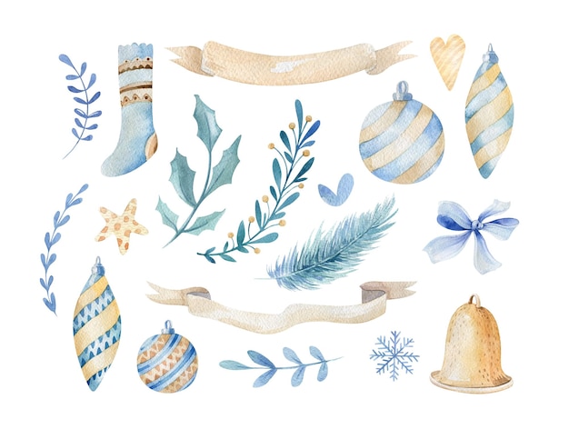 Коллекция акварельных новогодних элементов полный набор сосновых новогодних украшений
