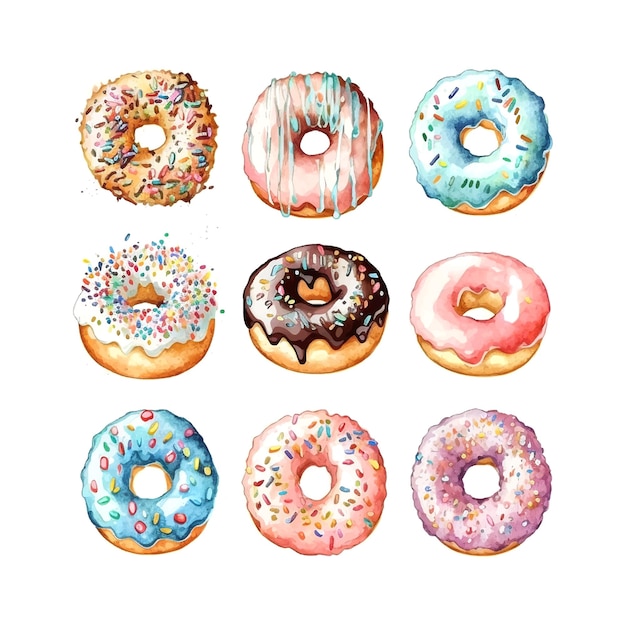 Collection of watercolor colorful donuts glazed