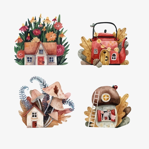 Vector collection of watercolor fairy houses in autumn leaves and flowers