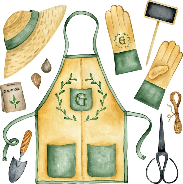 Vector collection watercolor gardening equipment and accessories. florist  outfit clipart set.
