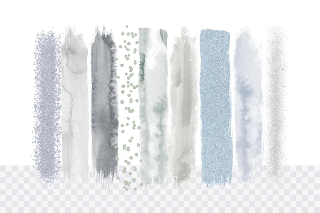 Collection of watercolor and glittering paint strokes in neutral colors