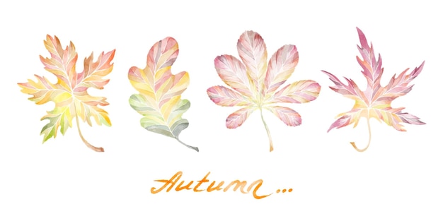 Collection of watercolor hand drawn colorful leaves isolated on white background with lettering.