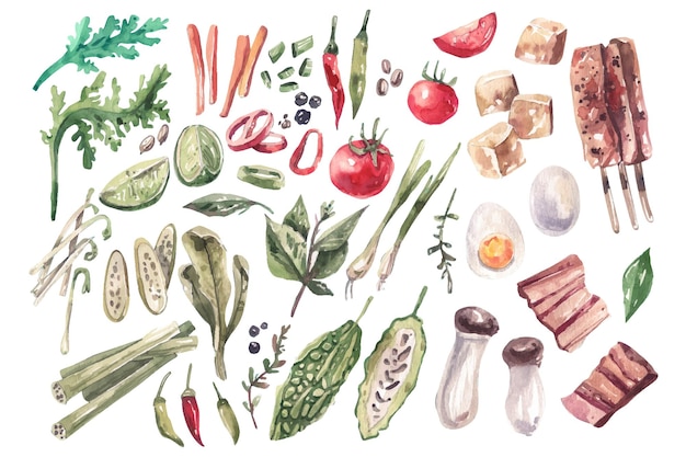 Collection of watercolor illustrations of traditional asian cuisine ingredients. greens, vegetables,