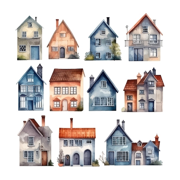 Collection of watercolor scandinavian houses and street attributes nordic architecture