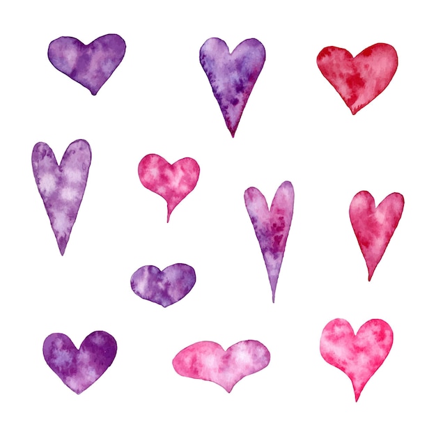 Collection of watercolor vector hearts drawn by hand