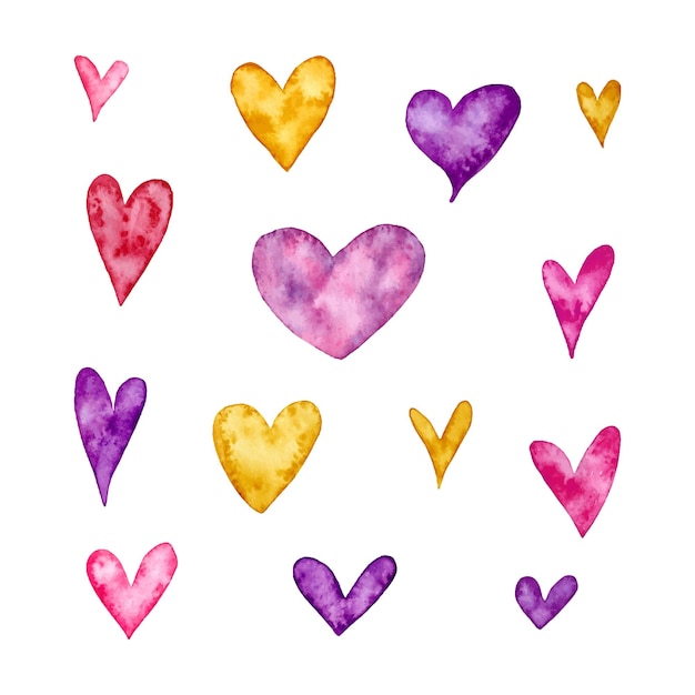 Collection of watercolor vector hearts drawn by hand