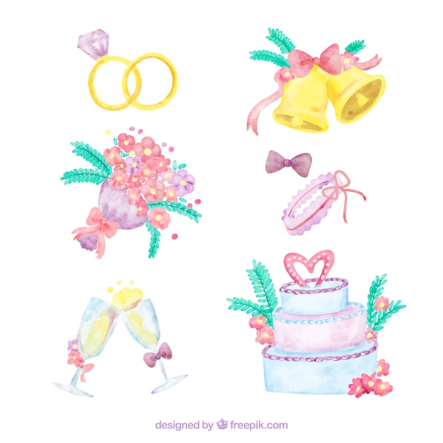 Vector collection of watercolor wedding items