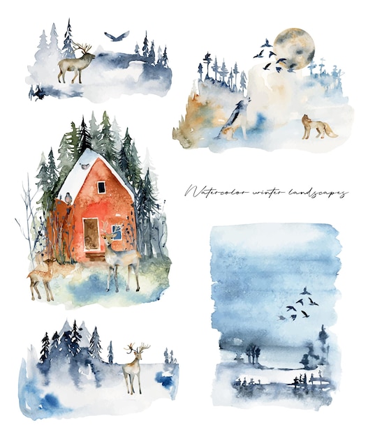 Collection of watercolor winter landscapes with forest animals hand drawn isolated illustration