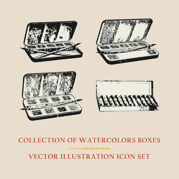 水彩の箱のコレクション 古いレトロのヴィンテージイラストポスターテンプレート デザインベクトル要素