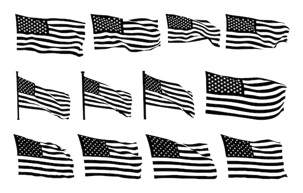 Vector collection of waving flag silhouettes in the wind vector set bundle of black flat american usa flag