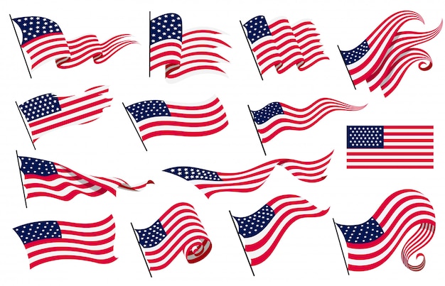 Коллекция развевающихся флагов соединенных штатов америки. иллюстрация волнистых американских флагов. национальный символ, американские флаги на белом фоне - иллюстрация