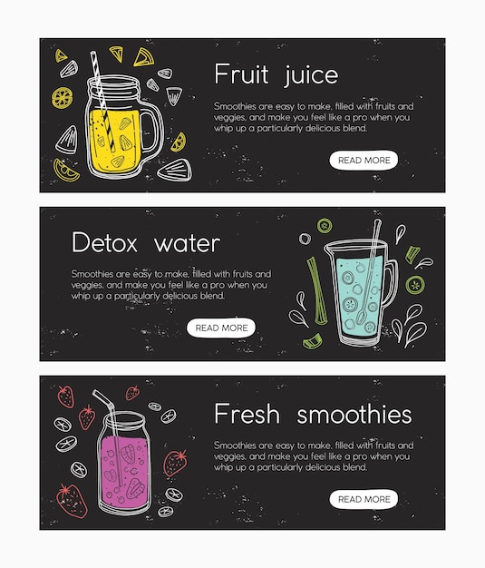 Collection of web banner templates with smoothies, juices, detox water, cocktails in glasses, jars and jugs with straw. Colorful vector illustration for refreshing drinks advertisement, promotion.