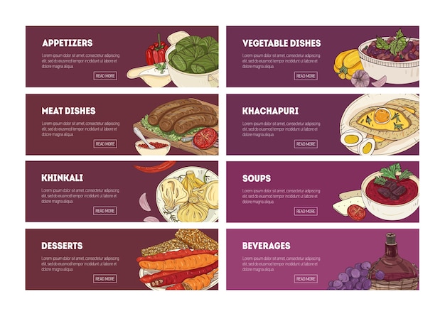 Raccolta di modelli di banner web con gustosi piatti nazionali georgiani appetitosi