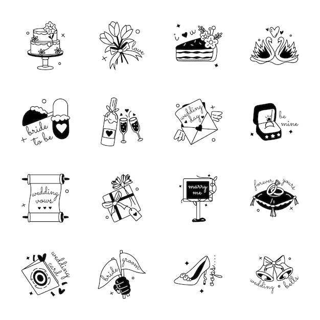 Collection of Wedding Celebrations Glyph Stickers