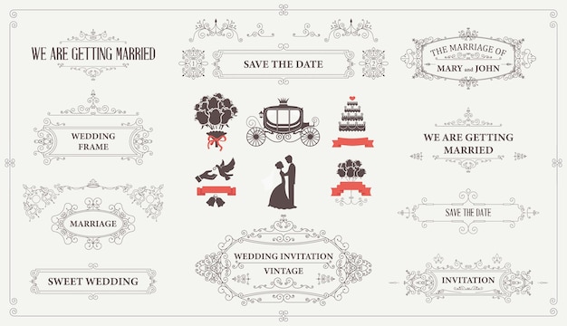 Vector a collection of wedding invitation cards with a picture of a couple and the words save the date.