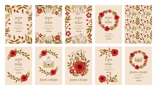 Collection of wedding invitation templates with elegant floral design.With botanical illustrations