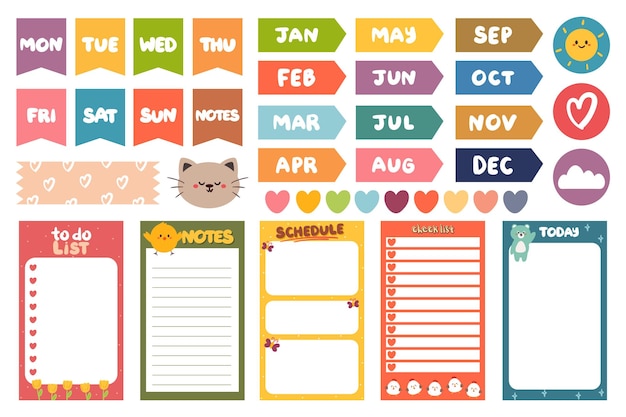 Collection of weekly or daily planner sticker to do list stickers templates School scheduler