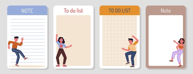A collection of weekly or daily planner todo list decorated with illustrations  dancing people