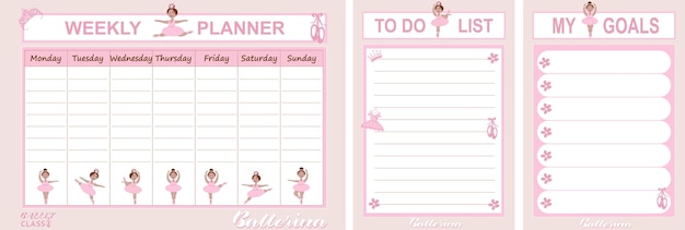 Collection of weekly planner to do list list My goals decorated by cute little ballerinas