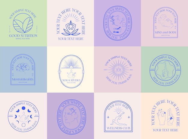 Collection of Wellness linear logotypes, symbols, icons design template, self care, mental health