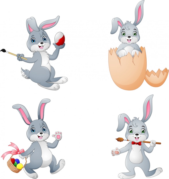 Collection of white easter rabbit in different poses