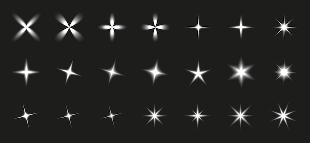 Collection of white glowing stars Y2K blurred white shapes glowing design vector elements