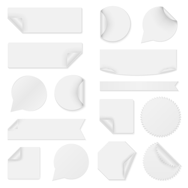 Vector collection of white paper stickers. round, square, rectangular ribbon.
