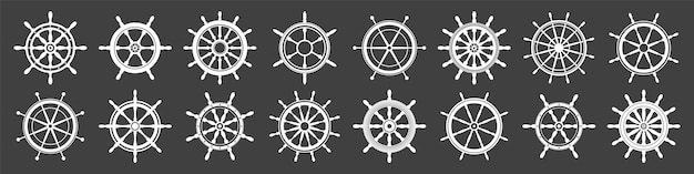 Collection of white vintage steering wheels ship yacht retro wheel symbol nautical rudder icon