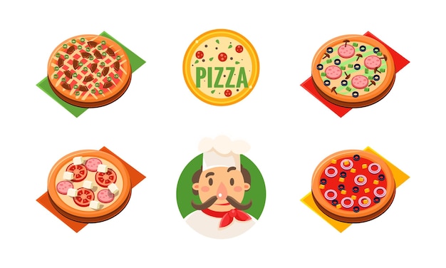 Collection of whole pizza with different ingredients cheerful chef pizzeria restaurant bakery shop cafe design template vector Illustration isolated on a white background