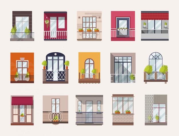 Collection of windows and balconies of modern and old-fashioned styles.