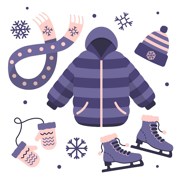 Collezione di abiti invernali per il pattinaggio su ghiaccio nei colori viola illustrazione vettoriale in stile piatto