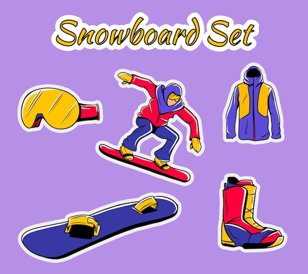 Collezione di icone di sport invernali. attrezzatura da snowboard impostata isolata. elementi per l'immagine di una stazione sciistica, attività in montagna, illustrazione. set di adesivi.