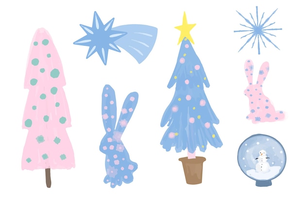 Collection of winter watercolor christmas elements for holiday design. Christmas tree, rabbit, star.