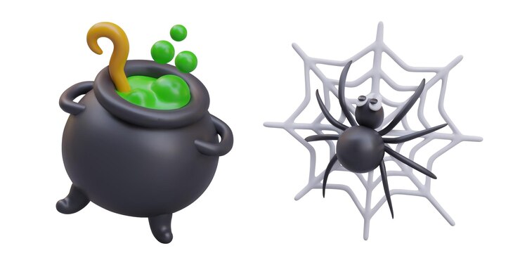 वेक्टर collection with big black vat with boiling green potion realistic cartoon spider