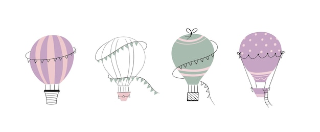 Vector collection with colorful hot air balloons and animals set with kids fly transport