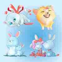 Vector collection with cute animalslittle love situations with cute animals catdog rabbits family