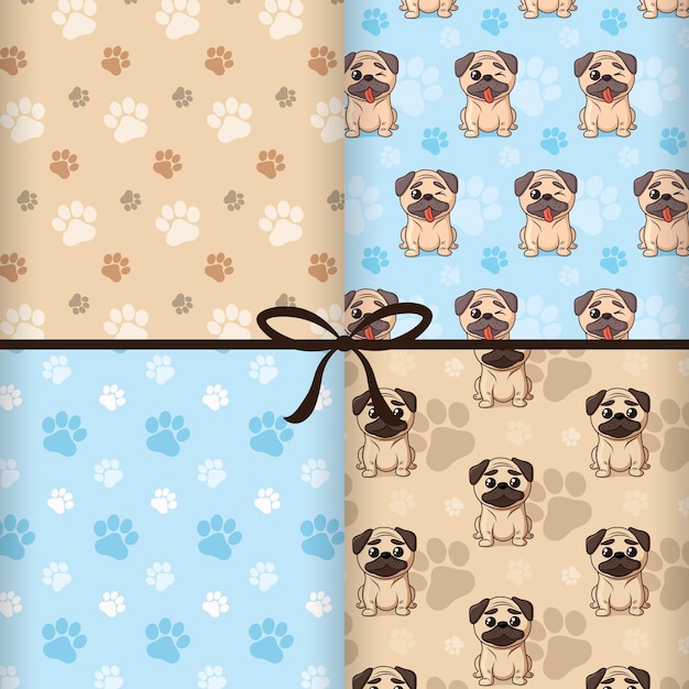 Collection with cute seamless patterns. cartoon pugs and paws. pattern for packaging, wrapping paper