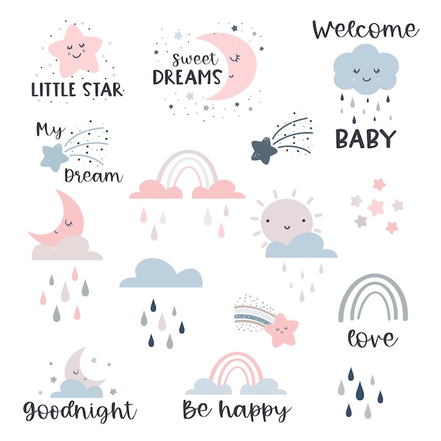 Vector collection with cute typographic design elements sun rainbow and clouds hand drawn vector illustration