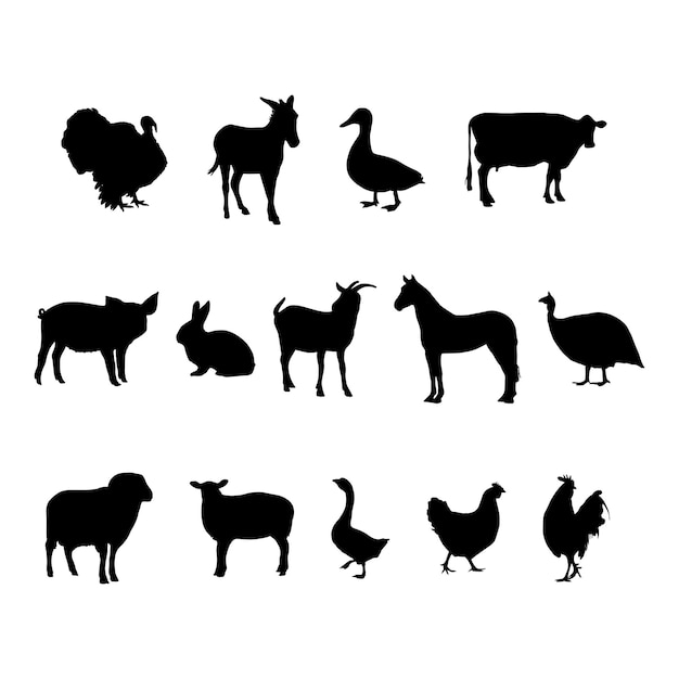 Vettore collezione con animali rurali fonsiluet su sfondo bianco sfondo di natura rurale vector